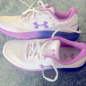 Under Armour size 5, women’s tennis shoes, pink, purple, and white